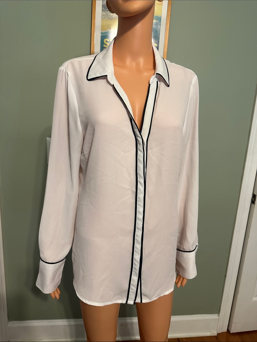 Worthington White Button-Down Blouse with Black Trim